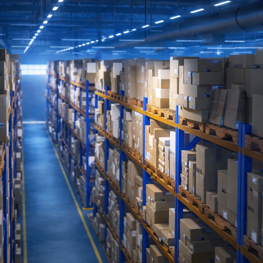 Ambiente de armazenagem e operação logística representando a dor de falta de controle